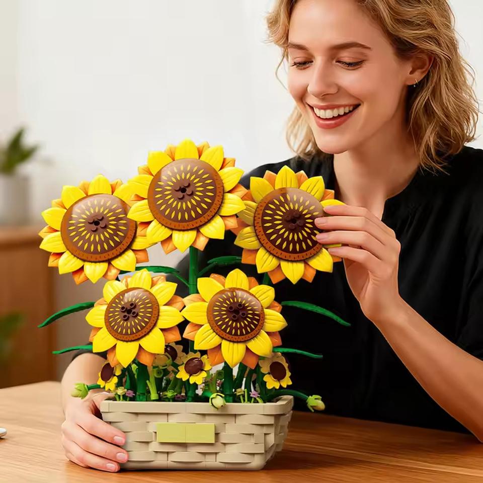 861Pcs Sunflower Potted Plant Building Block Flower Bouquet Vase Model Bricks Set Home Decoration Girls Educational Toys