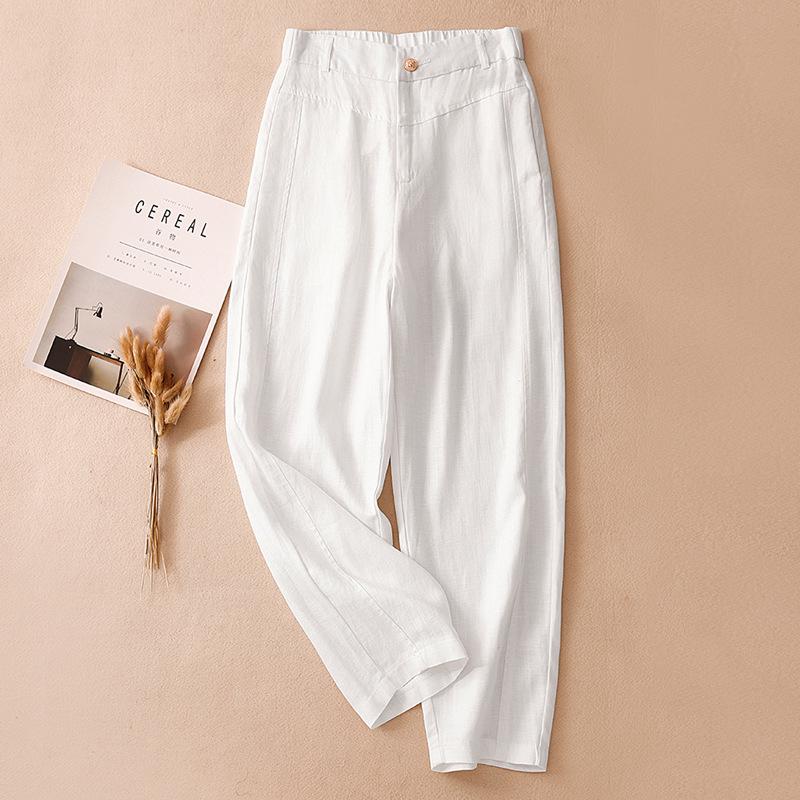 Women's Summer 2025 White Tencel High Waist Harem Pants - Lightweight Nine-Point Cotton Linen Carrot Straight Leg Design