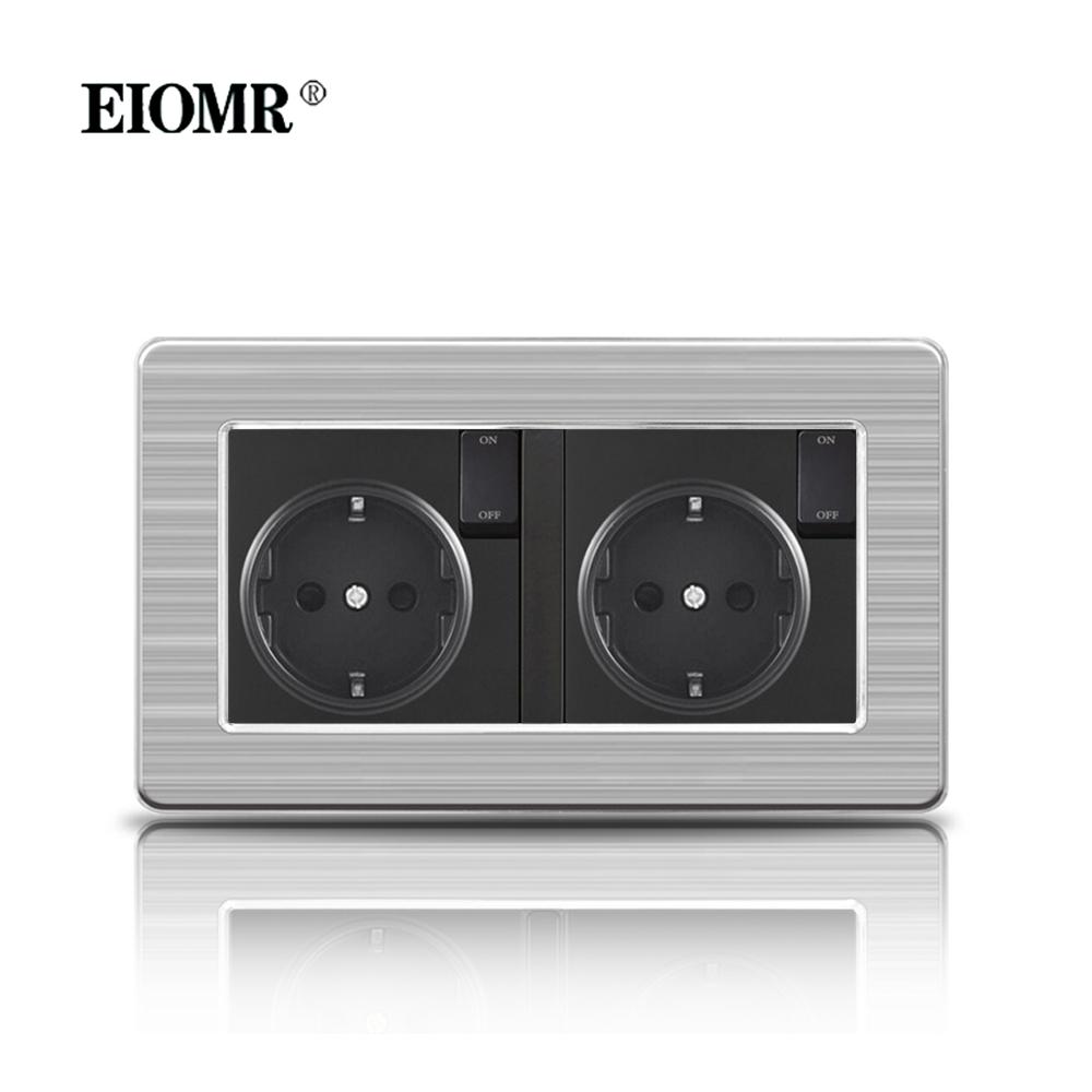 EIOMR 16A Black EU Standard Wall Sockets and Switches Stainless Steel Panel with Children Protective Door with USB Power Outlet