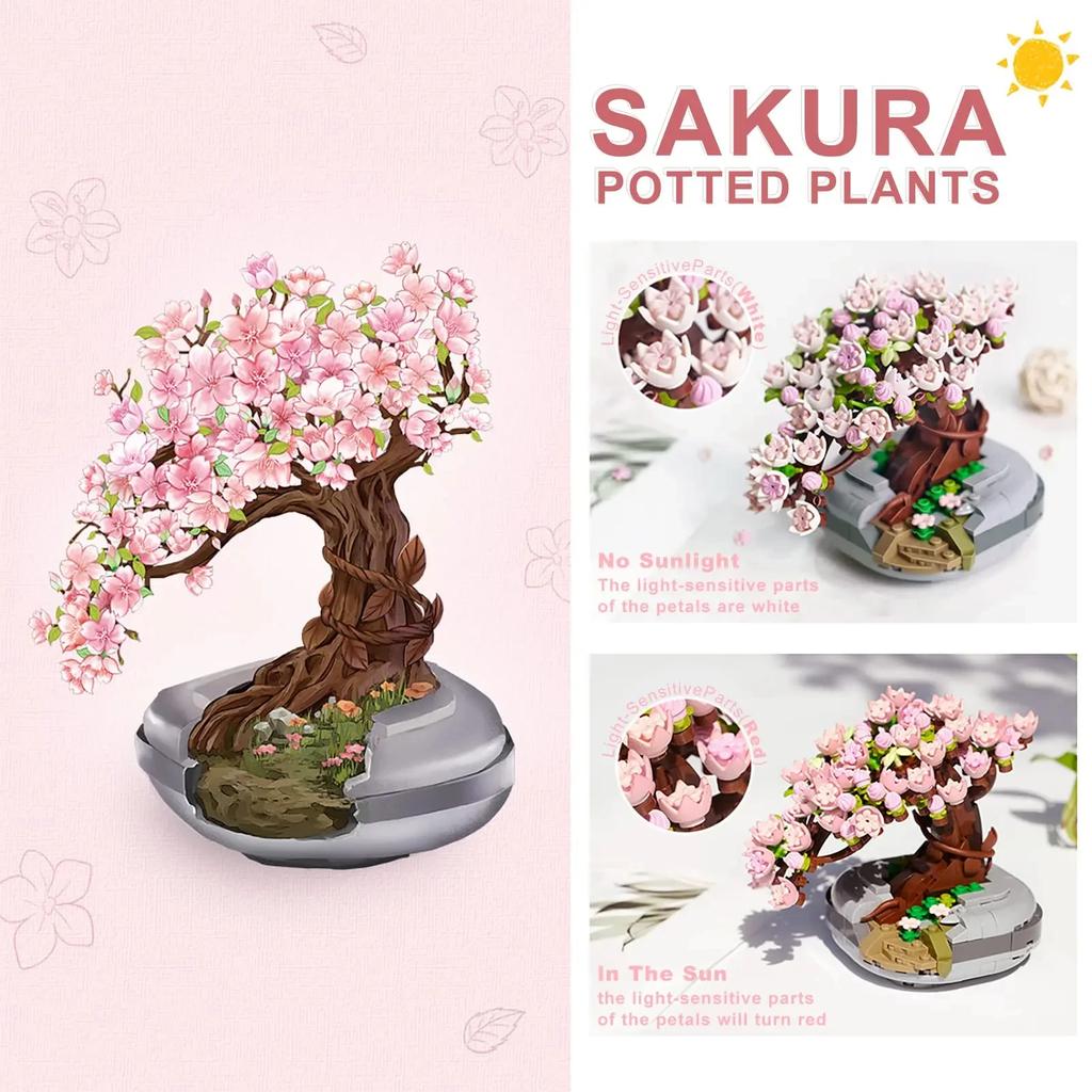 Non-Toxic Sakura Potted Bouquet Building Blocks Plant Bonsai Succulent Model Bricks Desktop Ornaments Kids Educational Toys Holiday Gifts