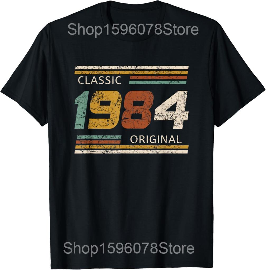 Vintage 1984 Chest Stripe Birthday T Shirts Men Women Pure Cotton Humor Streetwear Tee Shirt Short Sleeve Unisex Loose Clothing