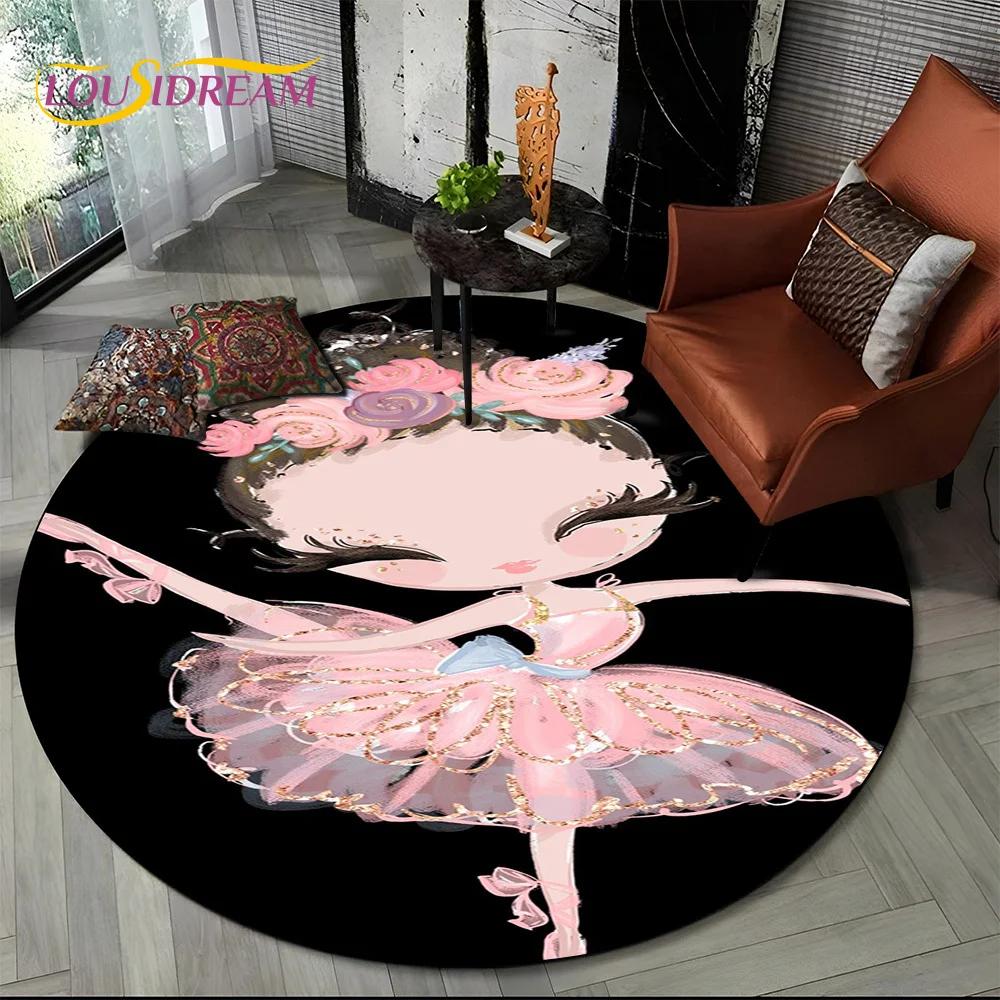 Ballet Girl Cartoon Flower Fairy Ballerina Round Carpet Rug for Living Room Bedroom Child Decor,Pet Area Rug Non-slip Floor Mat