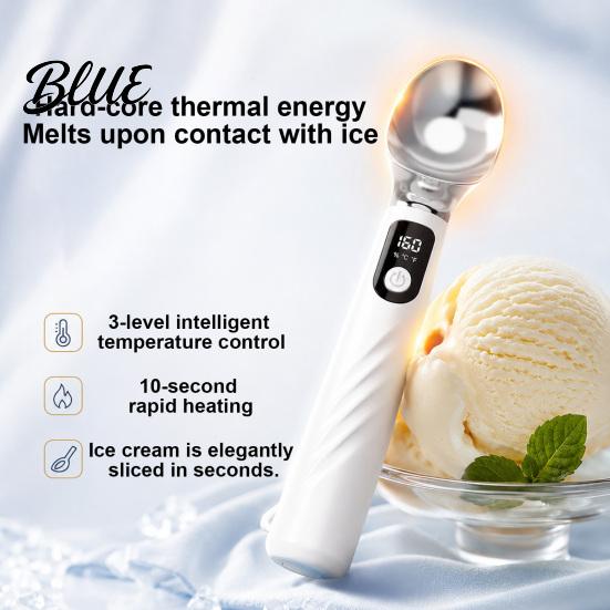Robuster Zinklegierungs-Löffel für gefrorenes Eis mit LED-Anzeige, wiederaufladbarer, selbstwärmender Löffel, zum Servieren von Gelato für hartes Eis, ergonomisches Dessert