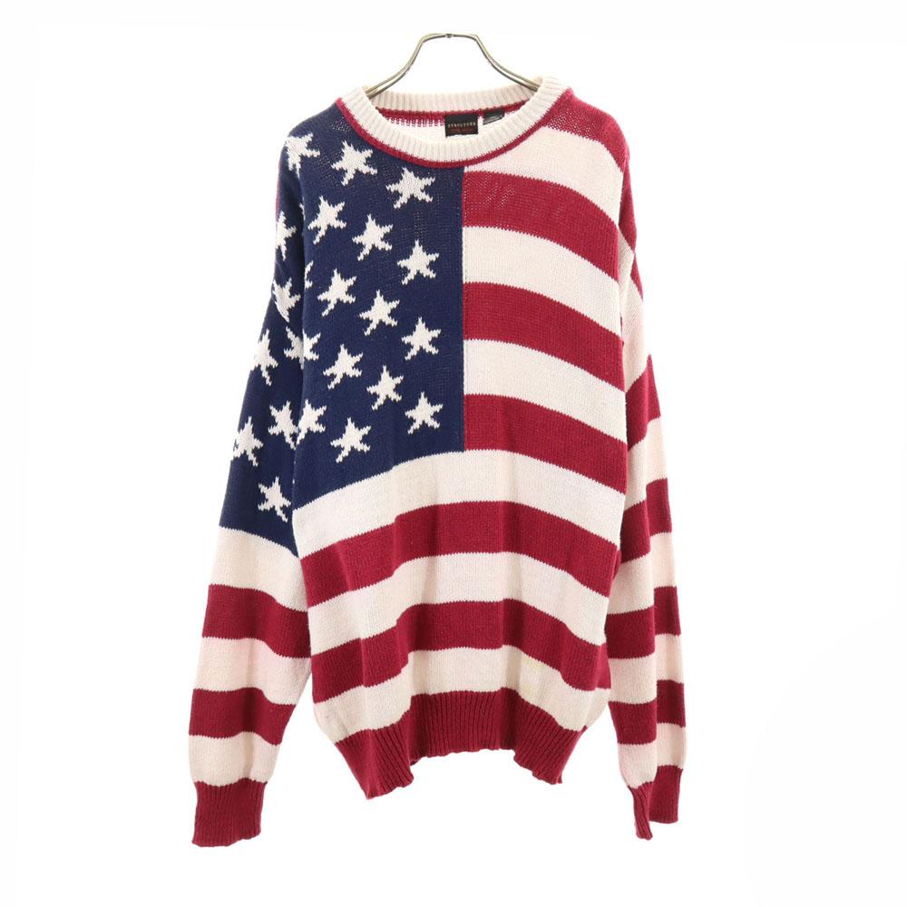 

СТРУКТУРА 90-х Сделано в США Узор старых звезд и полос С длинным рукавом Хлопковый вязаный свитер Мужской Б/У