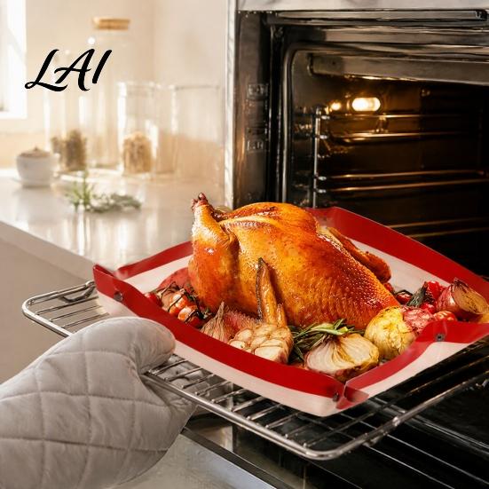 Heat Resistant Oven Liner Silicone Fiber Baking Mat with Button Non-Stick Safe Rectangle Tray Leakproof Reistant Snap to Form Kitchen Gadget
