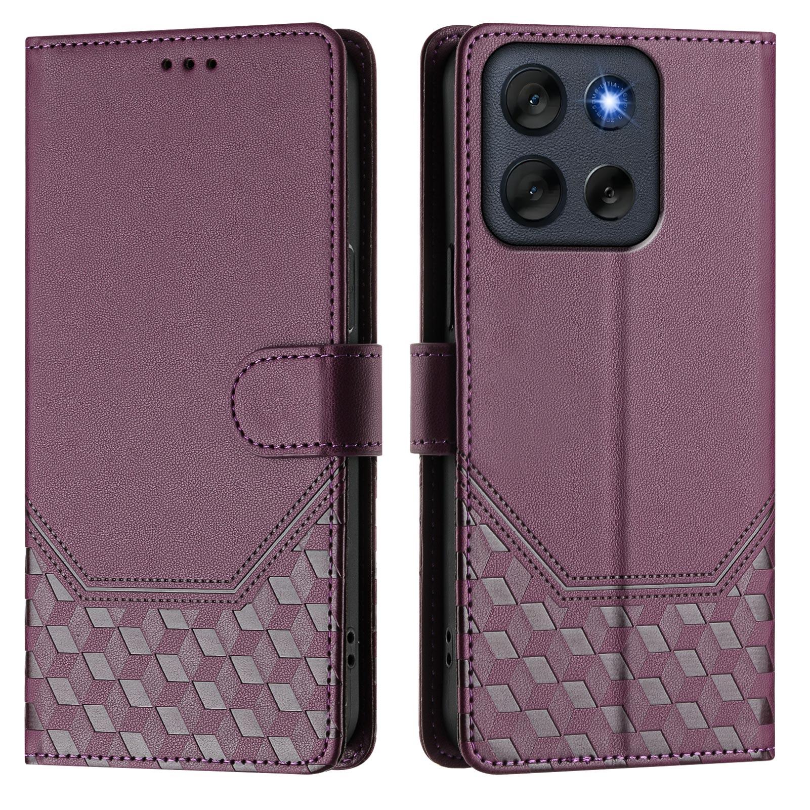 

For Motorola Moto G56 5G Case Imprinted Honeycomb RFID Blocking Leather Phone Cover with Strap Dark Purple