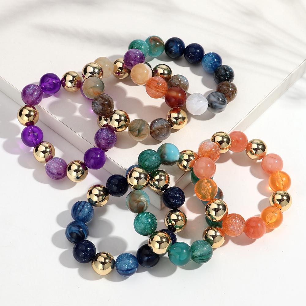 Fashion Acrylic Big Round Beaded Bracelet for Women Simple Glitter Colorful Handmade Strechy Bracelets Jewelry Accessories Gift