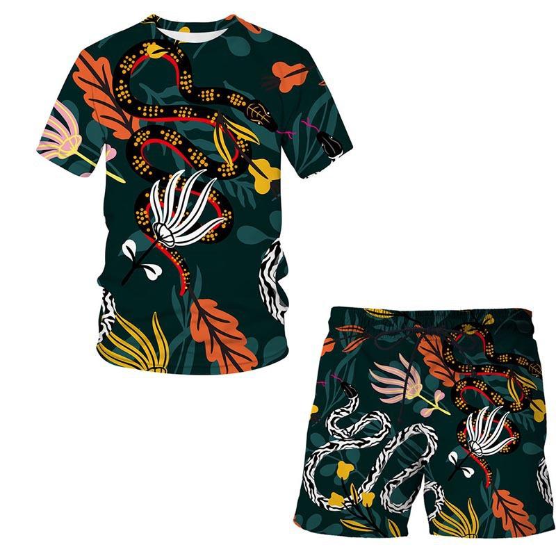 European and American Amazon Summer New Colorful Patterned 3D Print T-shirt Men's Casual Short Sleeve Shorts Short Sleeve Set
