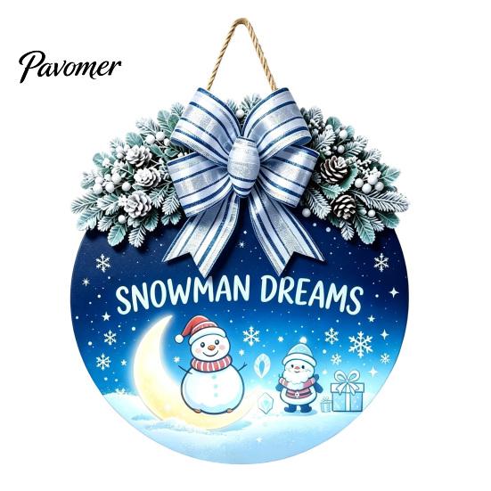 Indoor Outdoor Porch Ornament Christmas Wooden Welcome Sign for Front Door, Round Hanging with Handmade Craft Artificial Pine Branches & Bow