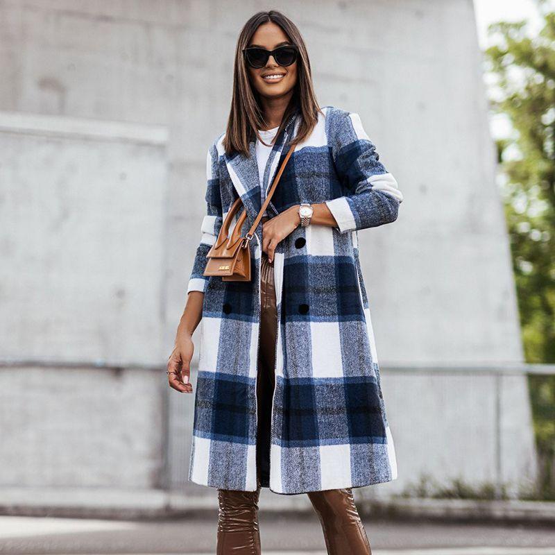 

Женское модное шерстяное пальто прямого кроя средней длины Blue XL