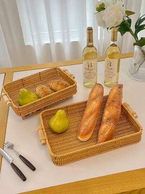 Creative Handmade Woven Rattan Storage Tray Square Wicker Basket Wooden Handle Bread Food Tray Fruit Cake Platter