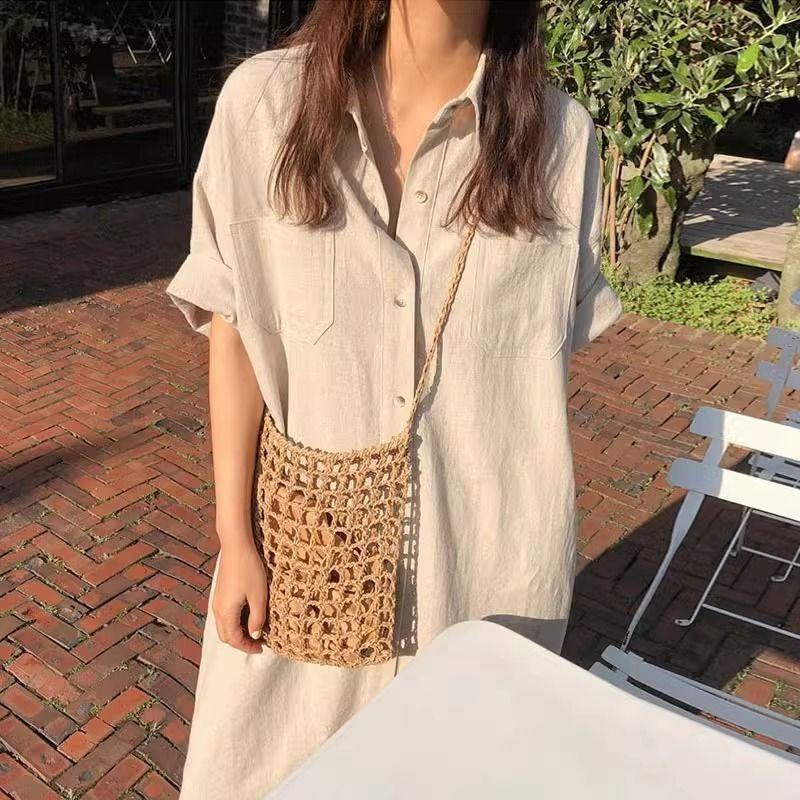 Shirtdress Women's Summer Simple Long Short Sleeve Dress Over The Knee