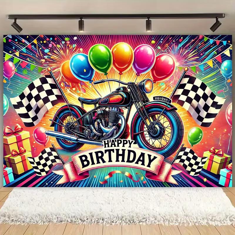 2D Biker Happy Birthday Backdrop - Motorcycle Party Photo Booth Background