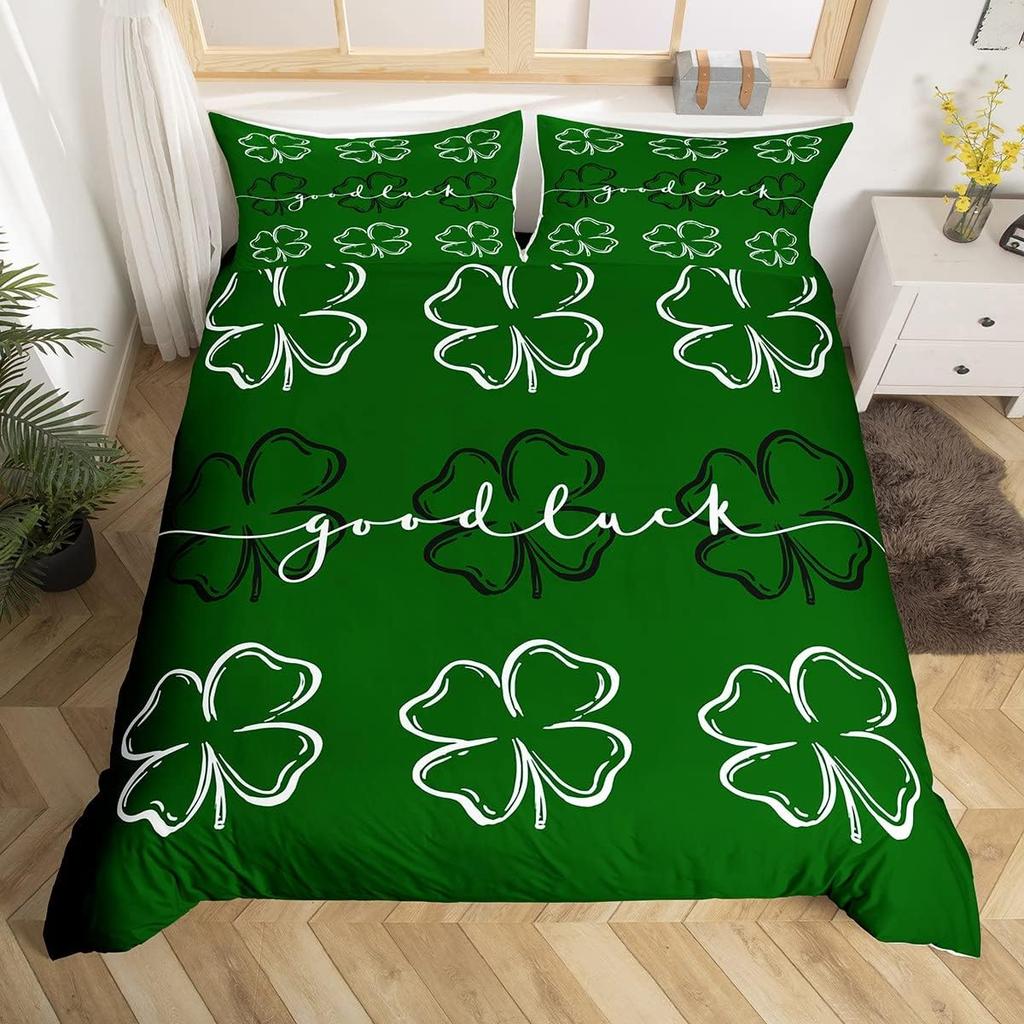 St. Patrick'S Day Duvet Cover Full Queen Spring Gnomes Comforter Cover 2/3 Pcs Green Botanical Leaves Flower Clover Bedding Set