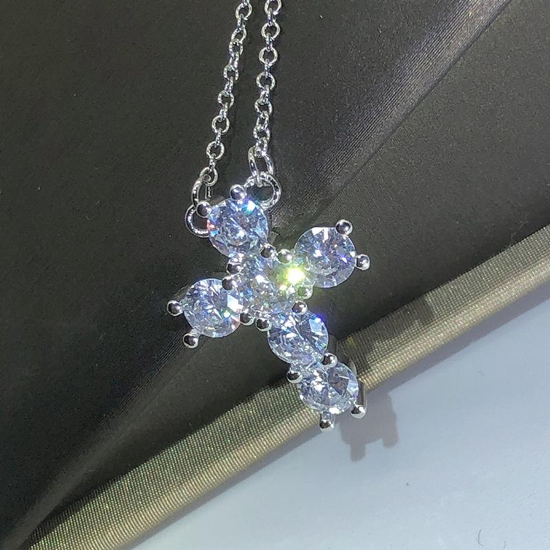 Exquisite 925 Silver Necklace Jewelry Women Wedding Fashion Cross CZ Crystal Zircon Stone Pendant Necklace Christmas Gift