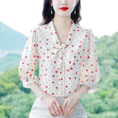 Bluză de mătase cu mâneci trei sferturi pentru femei Topuri elegante pentru dama, cu fundă, cu decolteu în V, cămașă de haine vintage cu buline la modă coreeană.