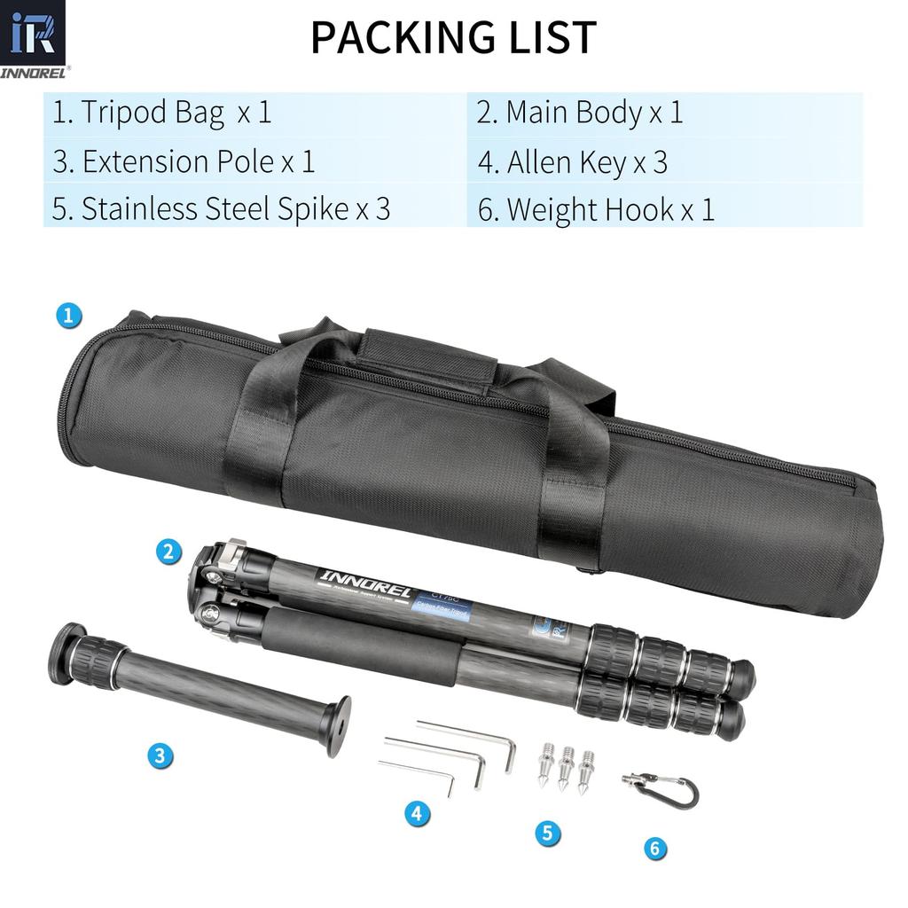 INNOREL Carbon Fiber Camera Telescopic SLR Working Pipe 20kg Maximum Load Panoramic Macro Video Digital Portable Tripod with Center Pole and Bag