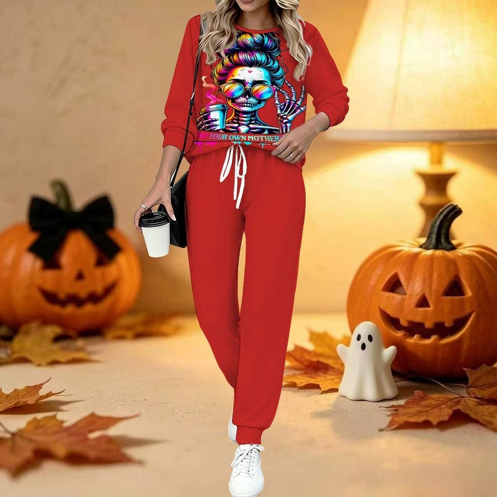 Dámský dvoudílný outfit s halloweenským potiskem, Dlouhý rukáv, Kulatý výstřih, Tepláky s tkaničkou, Ležérní tepláková souprava na jaro a podzim