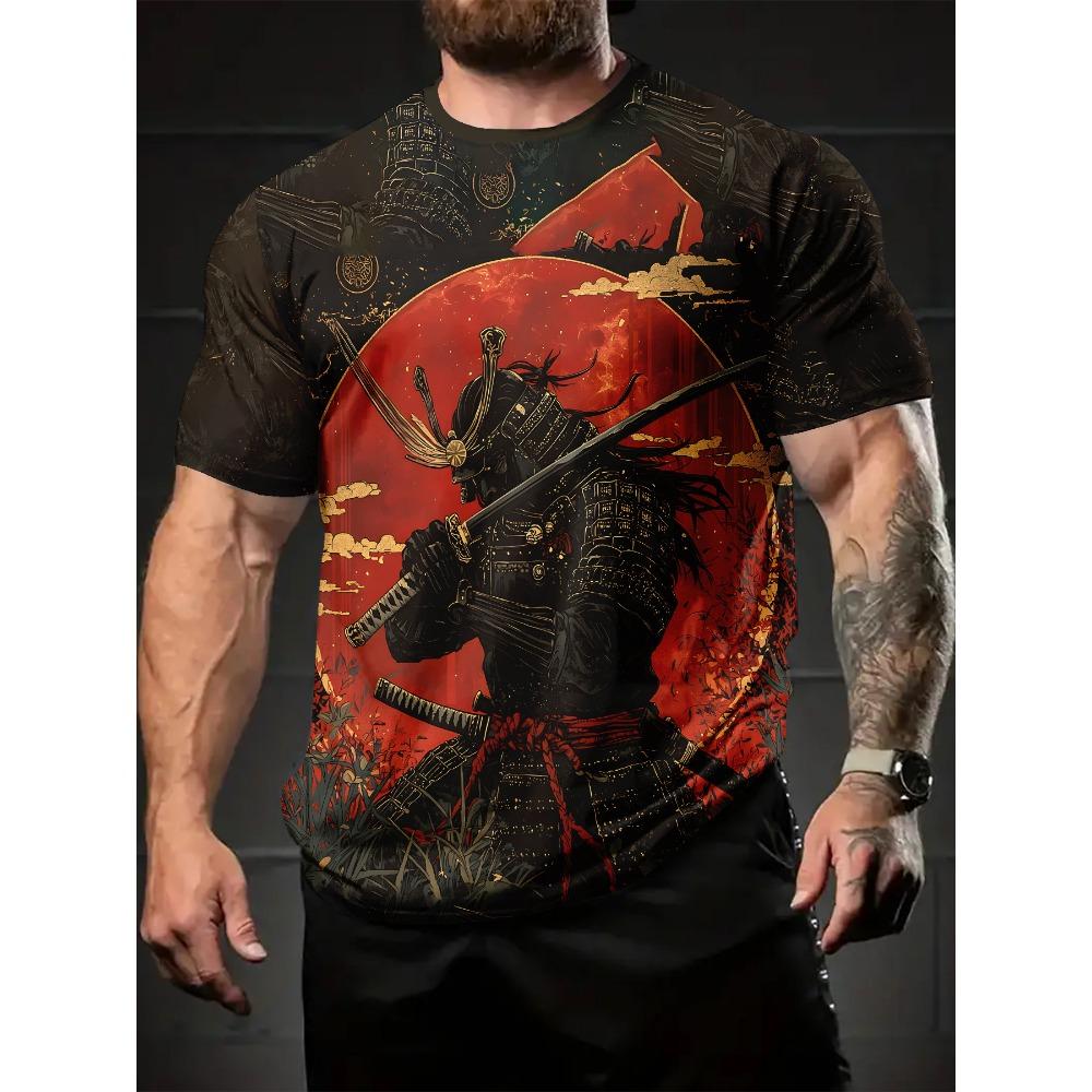 

Summer Men s 3D Digital Print Samurai Shadow and Wind Pattern, Casual Comfortable Versatile Men s Crew Neck T-Shirt S