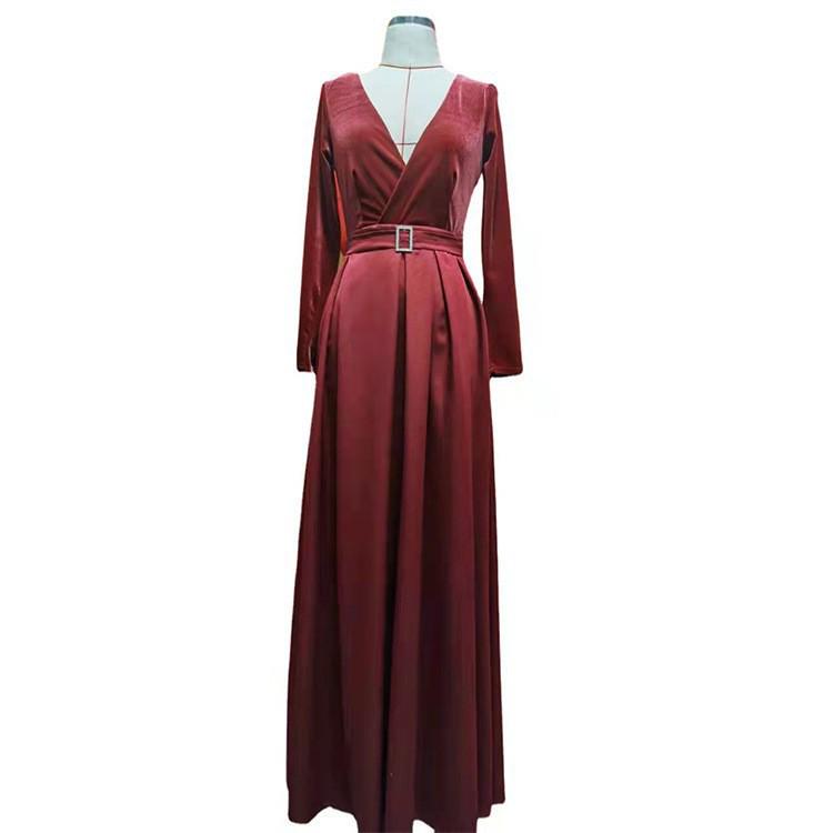 Deep V Long Sleeve Evening Dress for Women with Slit and Large Hem