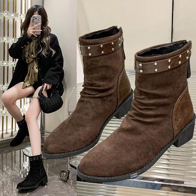 Frosted Cowhide Rivet Winter Snow Boots New Spring Women Leather Boots Thick Heels Large Size Roman Boots