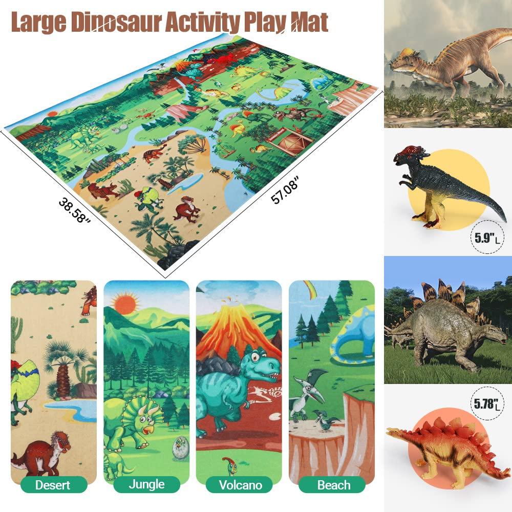 Dinosaur Toys, 12-Piece Realistic Dinosaur Figure Set with Jumbo Play Mat and Informative Dinosaur Book, Figure Toy Storage Box, Educational Figure
