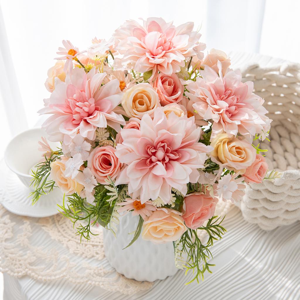 Artificial Rose Flowers Wedding Home Room Table Decor Bridal Bouquets Garden Fake Silk Dahlia Hydrangeas Vase Outdoor Diy Gifts