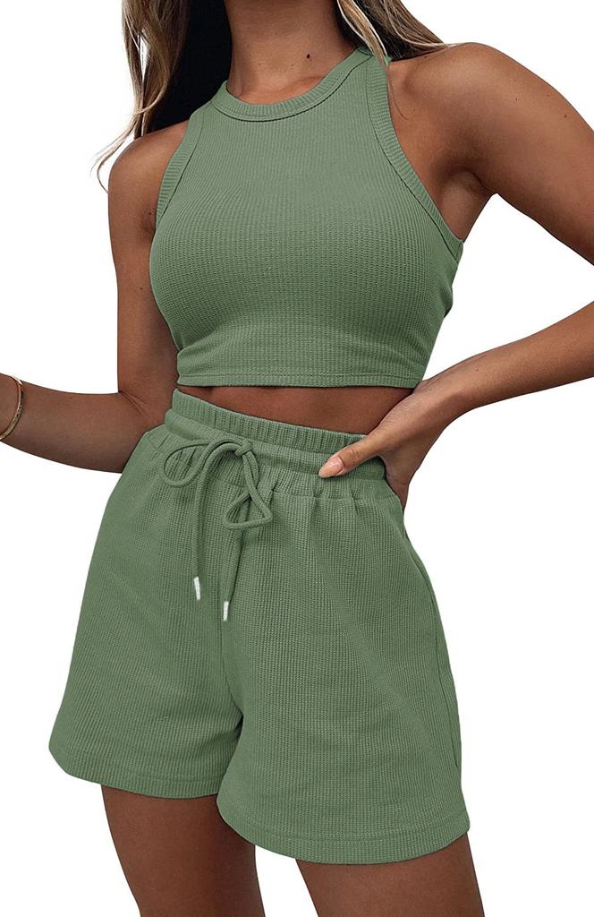 2026 New Summer Sleeveless Waffle Knit 2-Piece Set Women's Solid Color Vest Casual Short Outfit Breathable Comfortable Lounge Wear