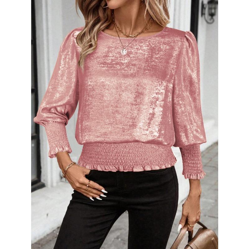 

2026 New Round Neck Hot Stamping Hem Elastic Pullover Mid-sleeve Shirt T-shirt XL рожевий