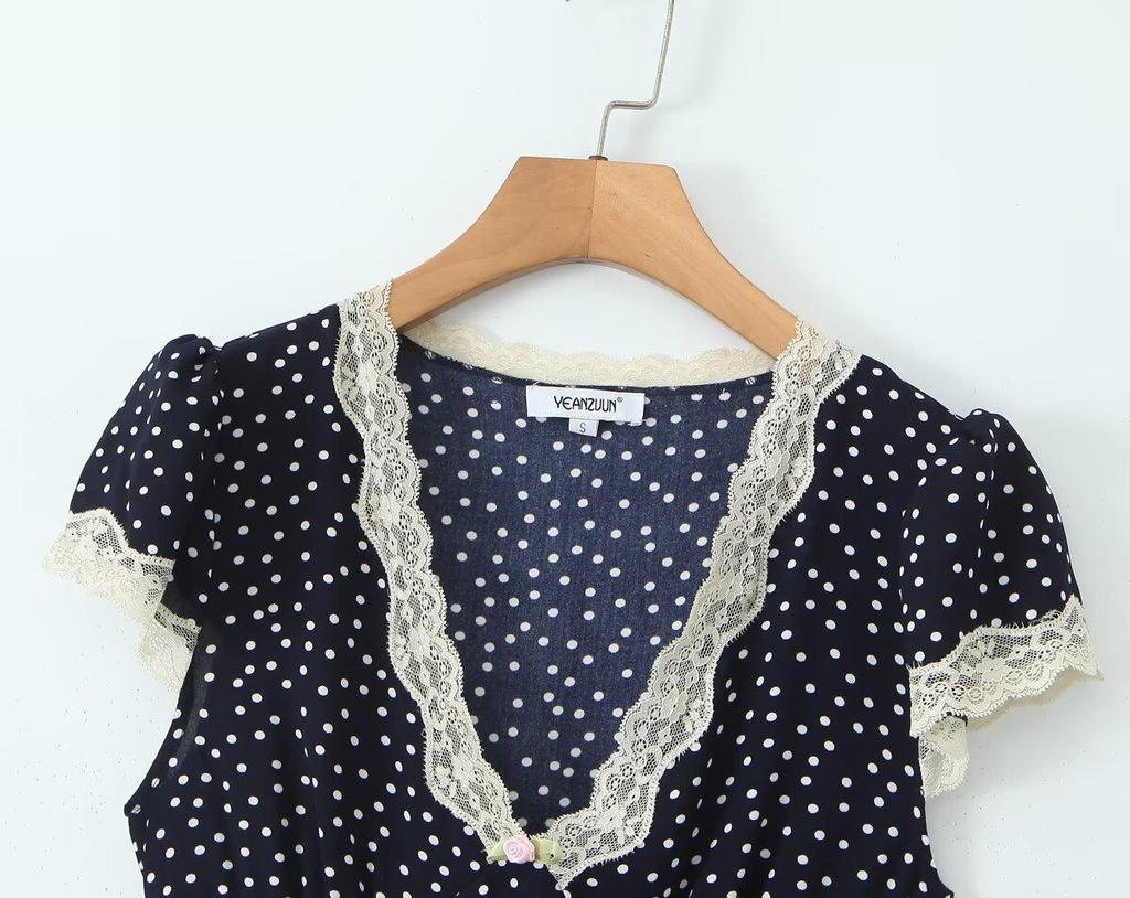 Elegant French Polka Dot Long V-Neck Lace Dress - Women's Summer 2026 Slimming Short-Sleeve Skirt.