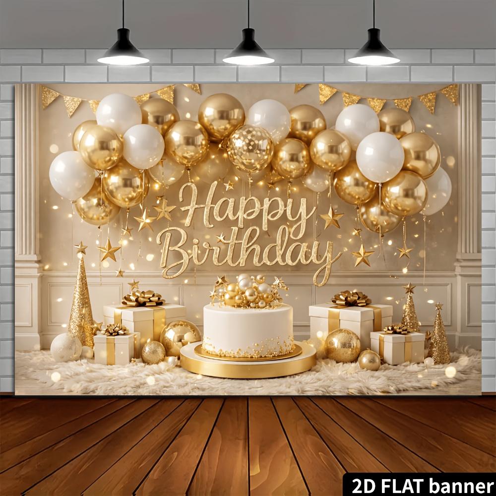 2D planar birthday party banner background - Platinum gold theme birthday with gold and white balloons.PMJ