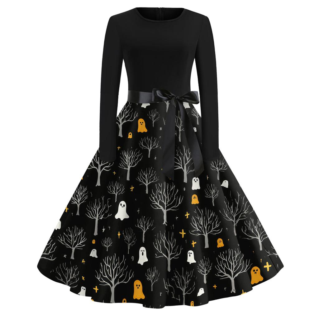 Women Casual Vintage Halloween Dress Long Sleeve Round Neck Fit and Flare Midi Dress with Halloween Tree and Ghost Print and Waist Tie