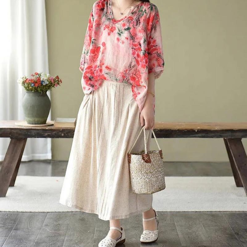 Summer Shirt Vintage Floral Print Tops Women V Neck Leisure Chic Loose Blouses Cotton Linen Thin Half Sleeve Shirts Lady