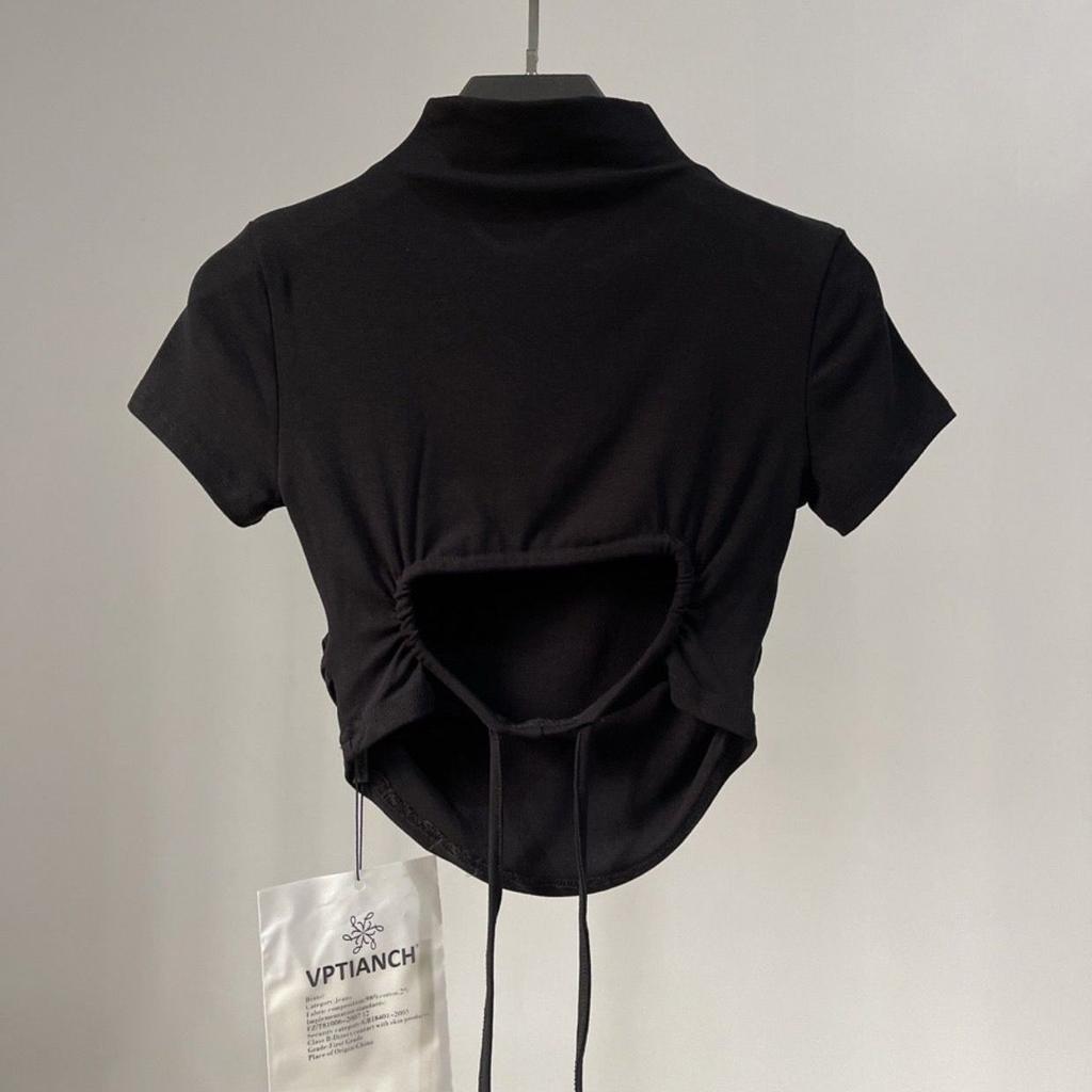 T-shirt sexy con design a cinturino scoperto sulla schiena, a maniche corte, da donna, estiva sottile europea e americana, a collo mezzo alto, top con ombelico scoperto