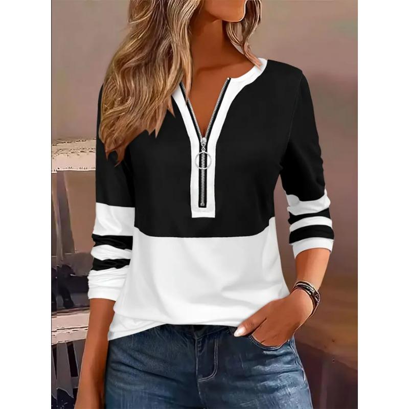 Plus Size Long Sleeve T-Shirt with Geometric Stripes & Color Block Ring Zipper Detail - Fall Fashion