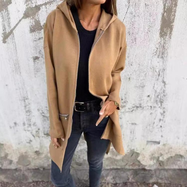 Winter  Fashion Loose Casual Coat Long Sleeve Hooded Cardigan for Women Mid Length S верблюд