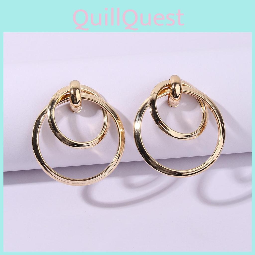 Double Layer Circular Earrings In Gold Metal Geometric Design For Women