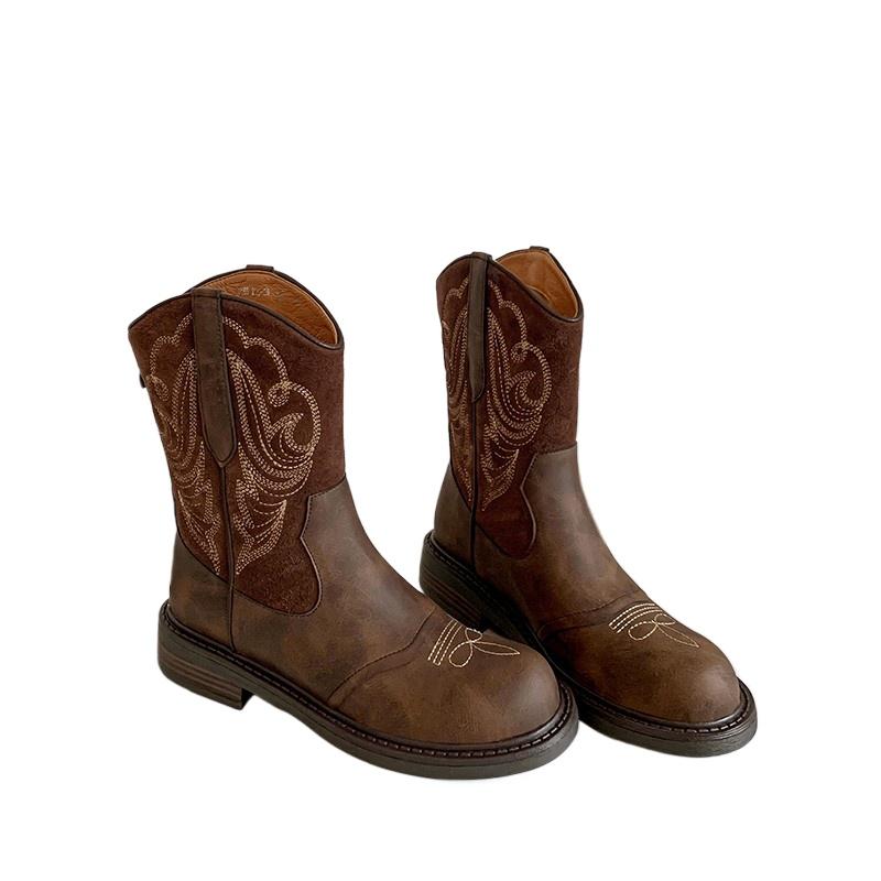 Winter New Vintage Brown Women Cowboy Boots Women Embroidered Square Toe Brown Long Boots Chunky Mid Calf Women Shoes