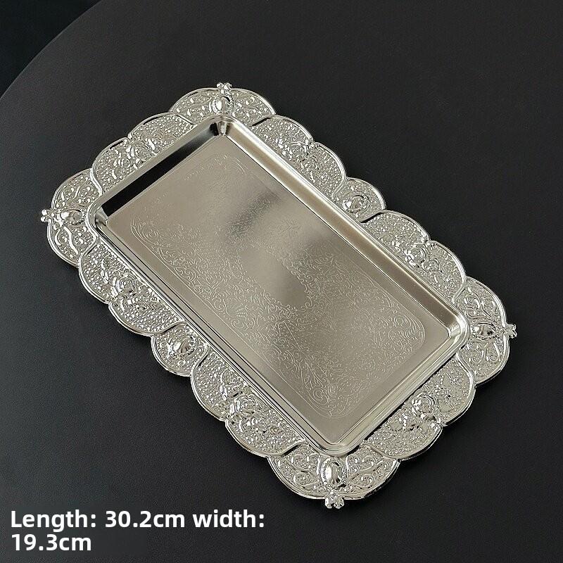Metal European Retro Carved Silver Tray Cafe Bread Plate Cake Plate Silver Rectangular Dessert Plate