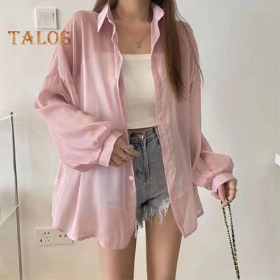 Damesblouse met revers Lange mouwen Enkele rij knopen Blouses Tops Effen kleur Losse pasvorm Doorzichtig Glanzende stof Zonwerend Dunne blouse