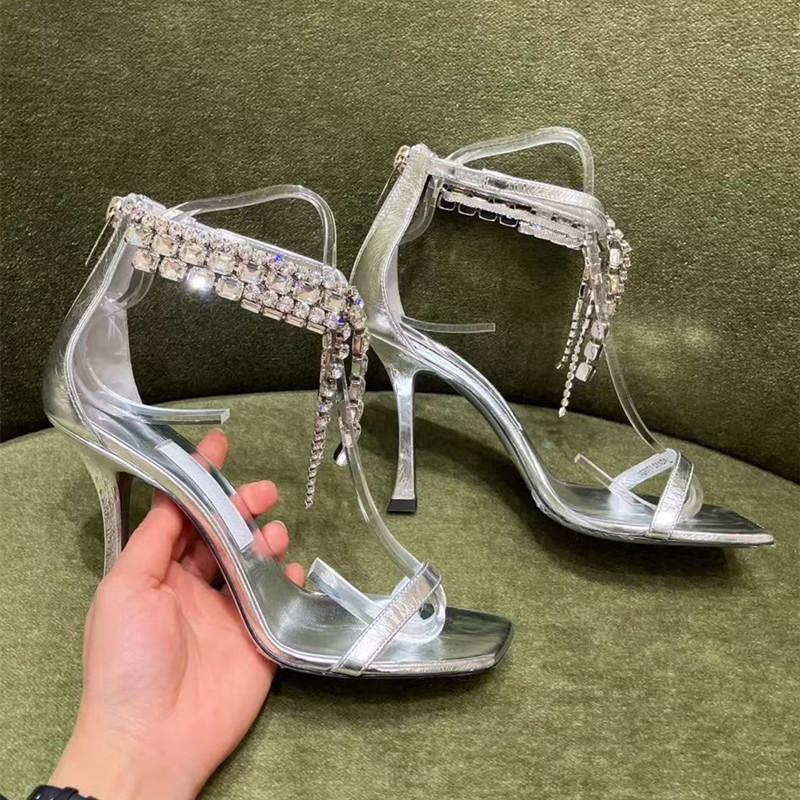 Fashion 2025 New Luxury Rhinestones Tassels Women Gladiator Sandals Sexy Ankle Strap Crystal Thin High Heels Summer Party Wedding Shoes