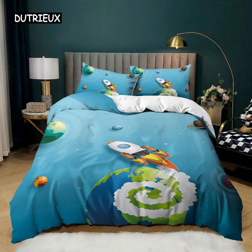 3D Rocket Duvet Cover Set Twin Size Microfiber Space Shuttle Galaxies Bedding Set for Kids Teens Boys Cartoon Style Quilt Cover