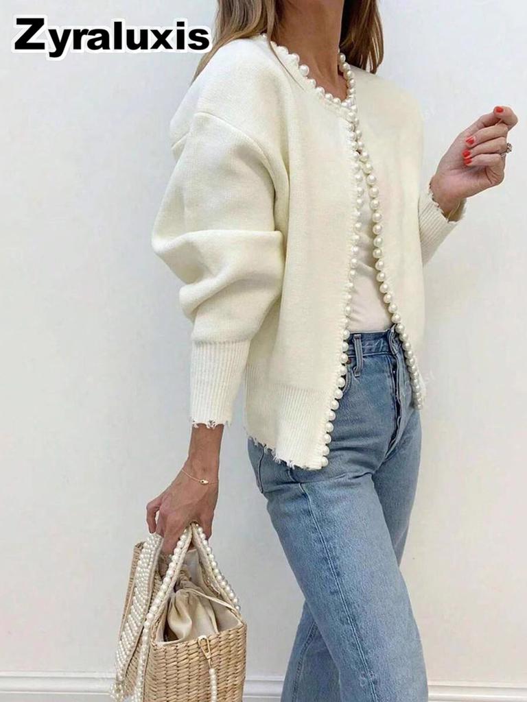 Women's Knitted Cardigan with Pearl Trim for Casual Wear