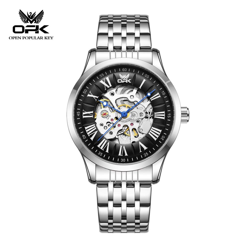 Mens Automatic Mechanical Watch Skeleton Hollow Roman Numeral Dial Waterproof Stainless Steel Business Dress Wrist Watch for Men