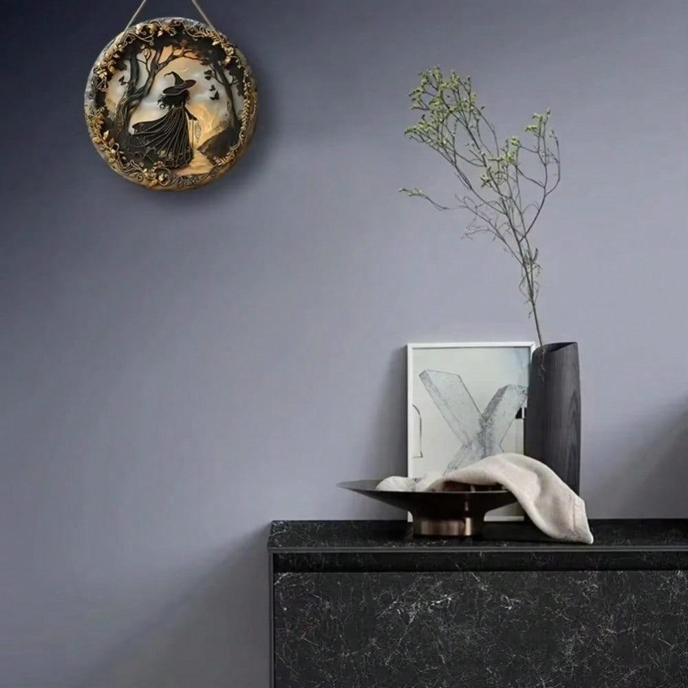 Gothic Witch Decor Round Metal Wall Art Acrylic Plaque for Home Kitchen