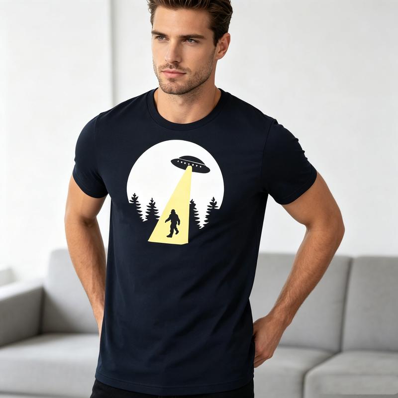 Unisexs UFO Sasquatch Bigfoot T Shirt Alien Moon Forest Graphic Tee Casual Cotton Short Sleeve For Outdoor And Sci Fi Fans