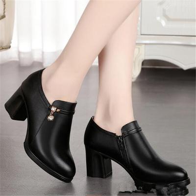 Bombas de Salto Bloco Boca Profunda Sapatos de Plataforma Femininos Moda Bico Fino Sapatos de Couro Sapatos de Salto Alto Femininos para Escritório Preto