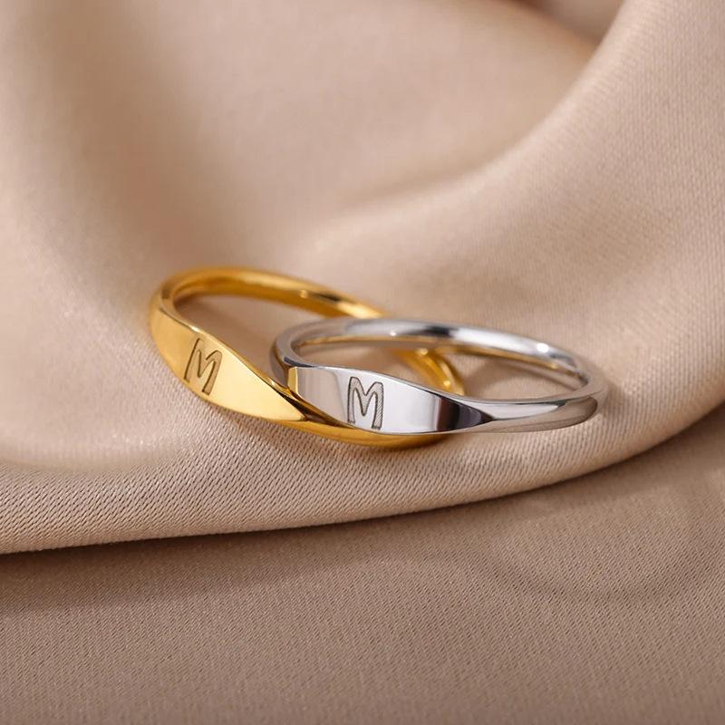 Lnitial Letter Rings For Women Men Stainless Steel Initials Ring Alphabet Name Aesthetic Wedding Jewelry Christmas Gift