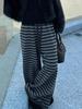 Women's Thick Wool Striped Pants - Cozy Knit Casual, Black Gray Floor-Length for Autumn/Winter.