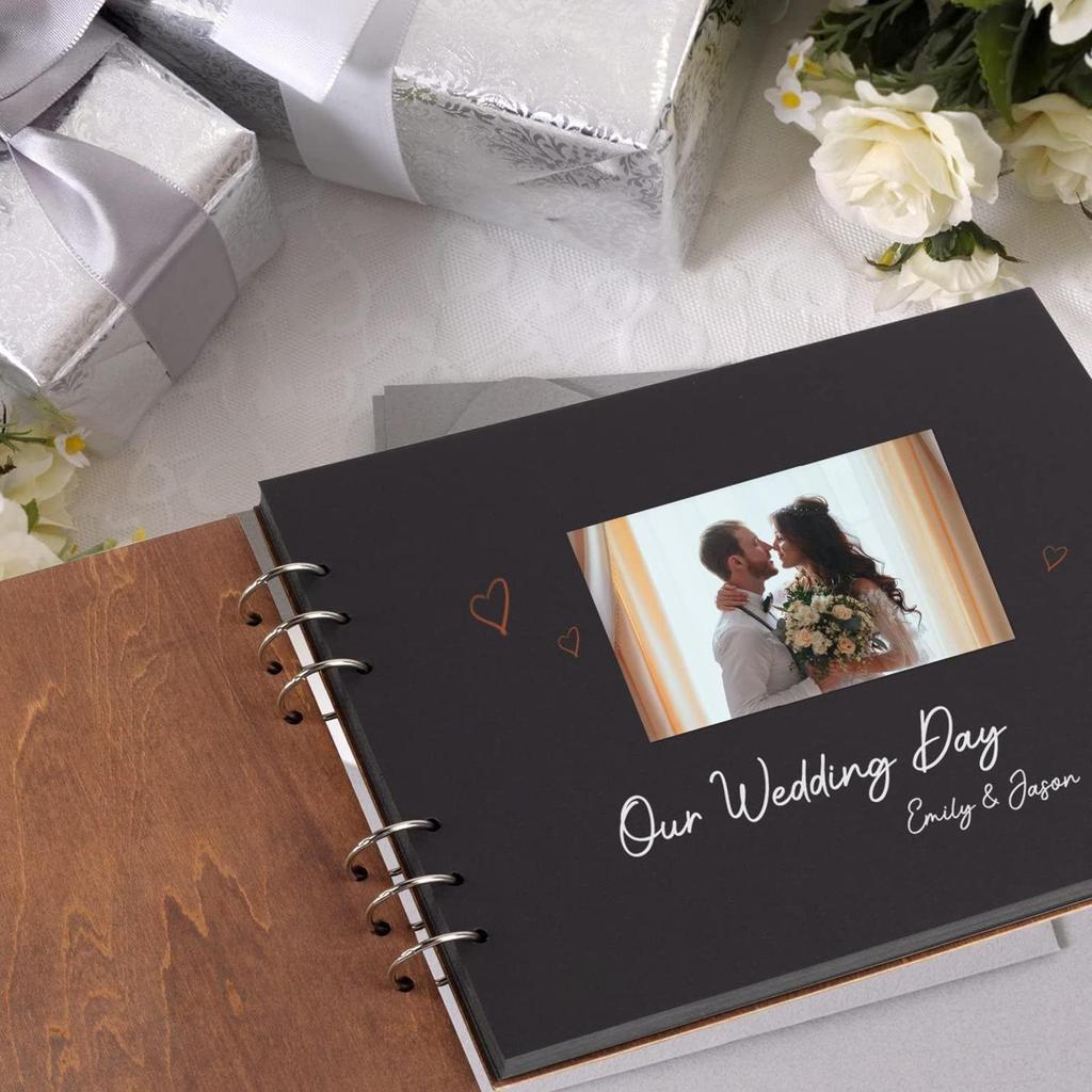 10.6-inch Wedding Guest Attendance Book "Mr.&Mrs." Spiral Binding Wood Cover Registry Guestbook With 30x Blank Black Cardboards